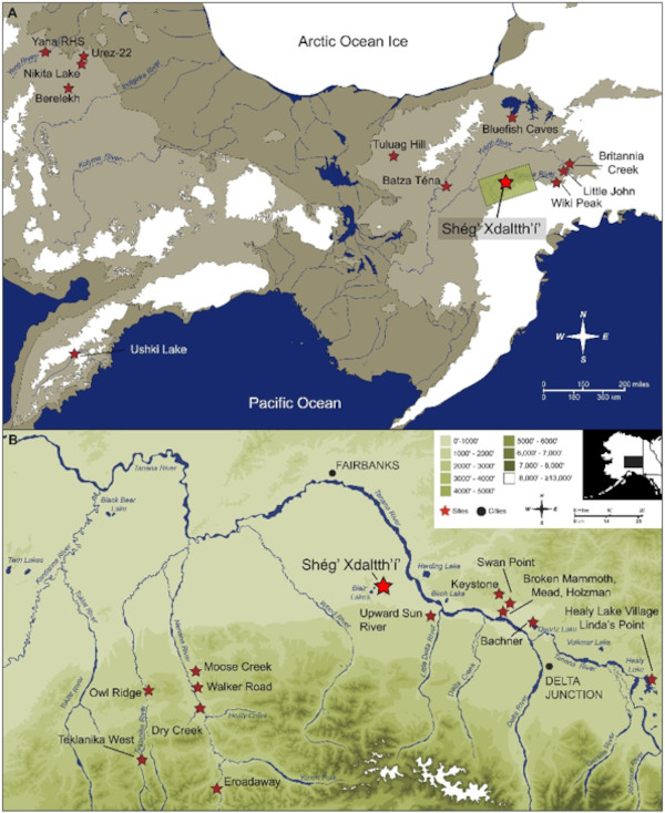 Map indicating location of Shég’ Xdaltth’í’ and other early archaeological sites in Beringia.