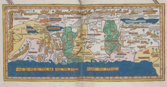 So-called modern map of the Holy Land in Ptolomy's Cosmographia