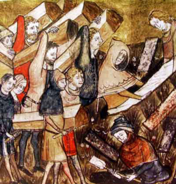 Medieval manuscript image of Black Deasth victims burials.
