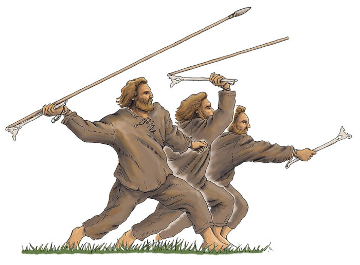 Illustration the action of using an atlatl.
