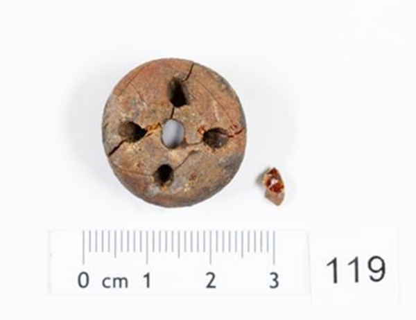Flat amber bead, with holes.