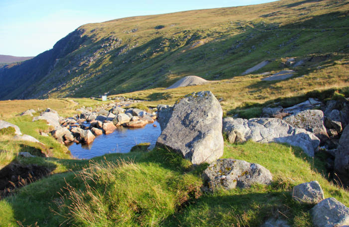 Landscape of Wicklow mountainsa showing stream, pool, rocks and mountains