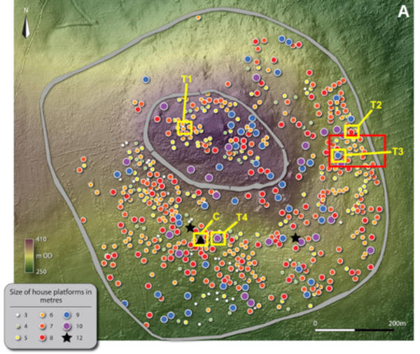 Photogrammetry map of Brusselstown Ring indicating potential roundhouse footprints and other features.
