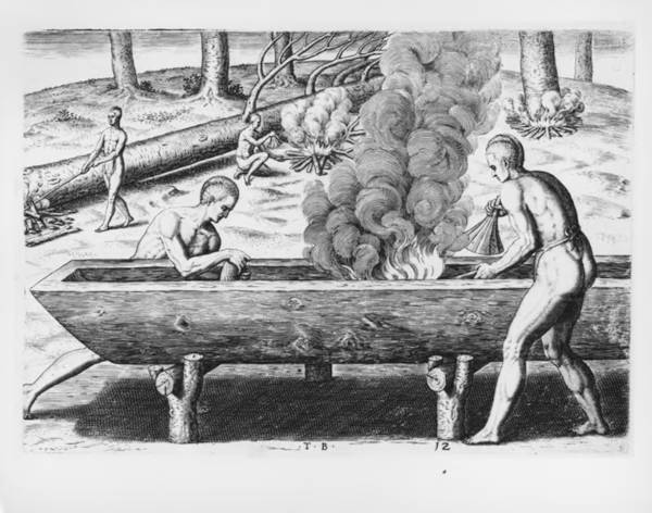 Historical illustration showing Native Americans constructing a dugout canoe