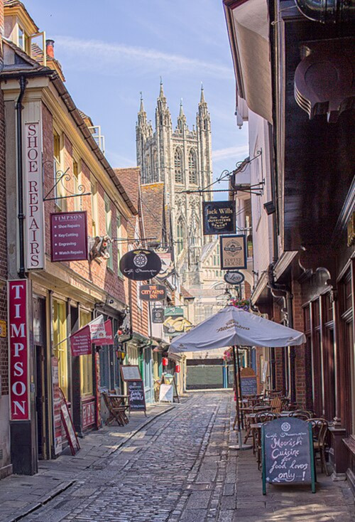 Butchery Lane road view to Canterbury Cathedral, England.