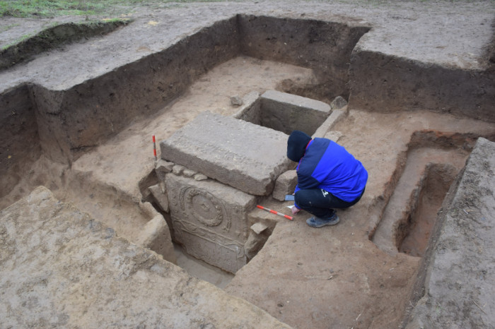 Roman tombstone reused in cist tomb 