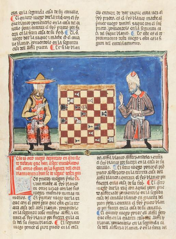 A Jewish chess player playing against a Muslim chess player in a medieval manuscript