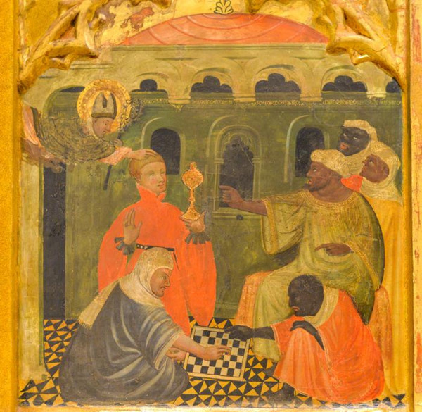 St Nicolas miracle chess scene in the late 14th-century altarpiece