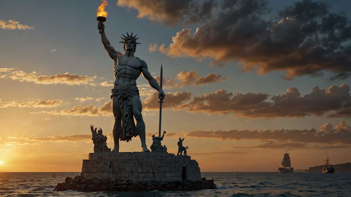 Colossus of Rhodes holding a massive torch; sunrise over a harbor in the background, with waves and ships carved on the base.