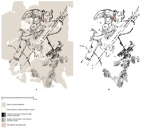 Comparison between the surviving fragment of a Late Preclassic mural from Calakmul (left) and a scholarly digital reconstruction (right)