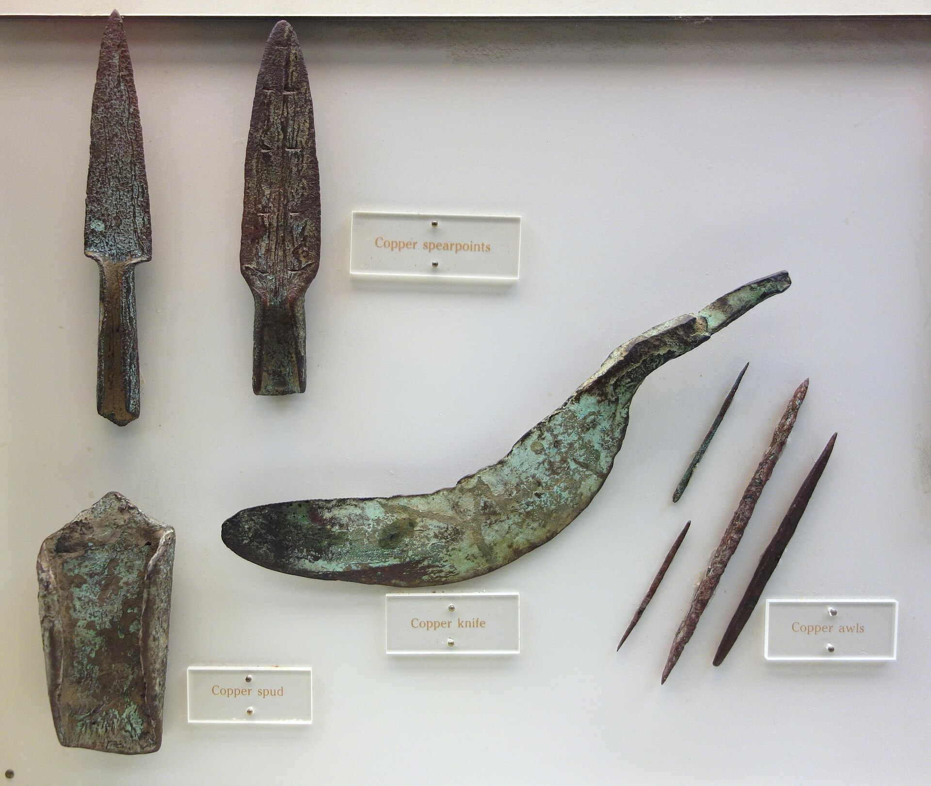 Copper knife, spearpoints, awls, and spud, Late Archaic period, Wisconsin, 3000 BC–1000 BC, Wisconsin Historical Museum