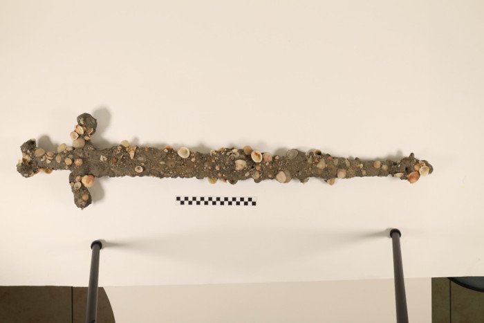The 12th-century Crusader sword after being recovered from the Mediterranean Sea.