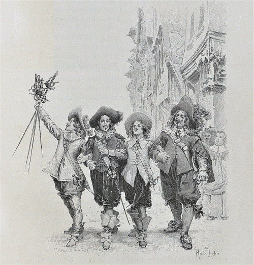 Athos, Porthos, Aramis, and d'Artagnan as illustrated in the 1894 Calmann-Lévy edition of The Three Musketeers by Alexandre Dumas