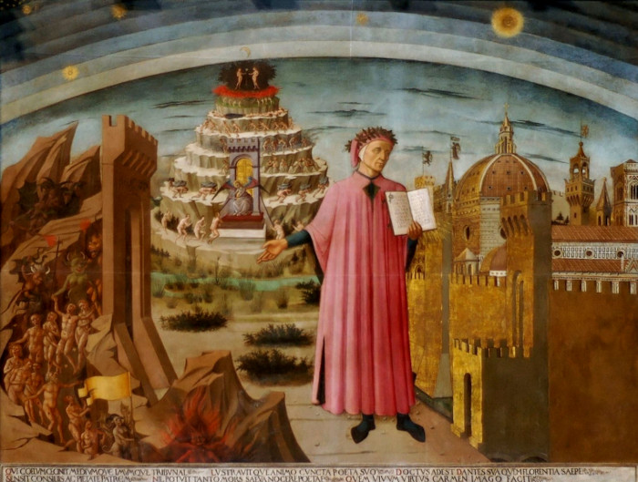 Domenico di Michelino's 1465 painting of Dante Alighieri holding the Divine Comedy, with the mountain of Purgatory and the city of Florence behind him.