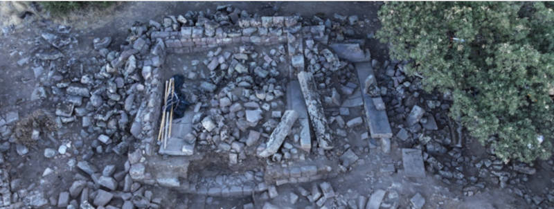 Aerial view of the Hellenistic temple excavation site at Aigai 