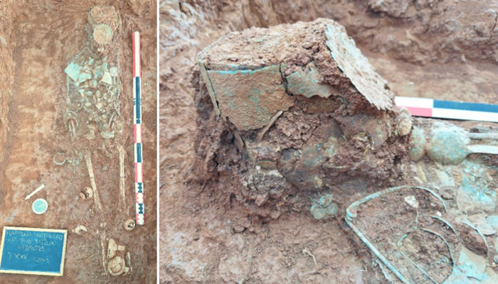 The full burial, and close up of the adorned head with crown upside-down.