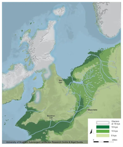 Map of Doggerland landscape 18,000, 10,000 and 8,000 years ago.