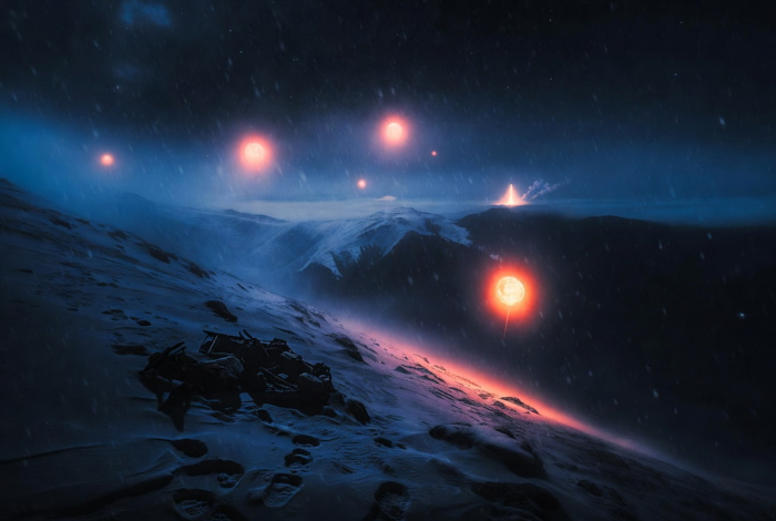 Mysterious glowing orange orbs illuminate the night sky over the snowy Ural Mountains