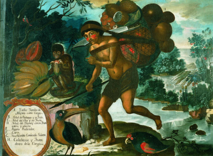 Painting depicting a Yumbo Indian carrying goods