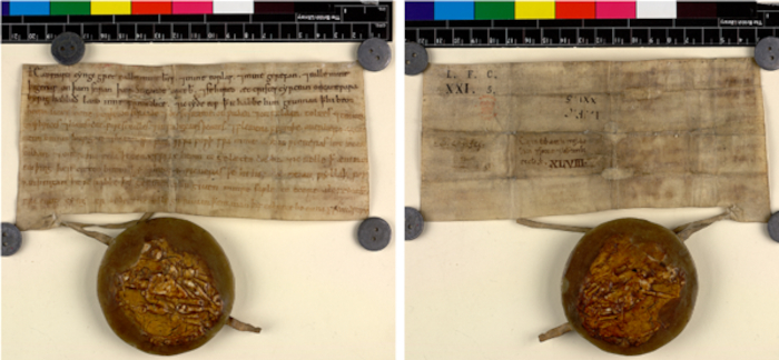 Writ-charter document with the attached seal of Edward the Confessor.