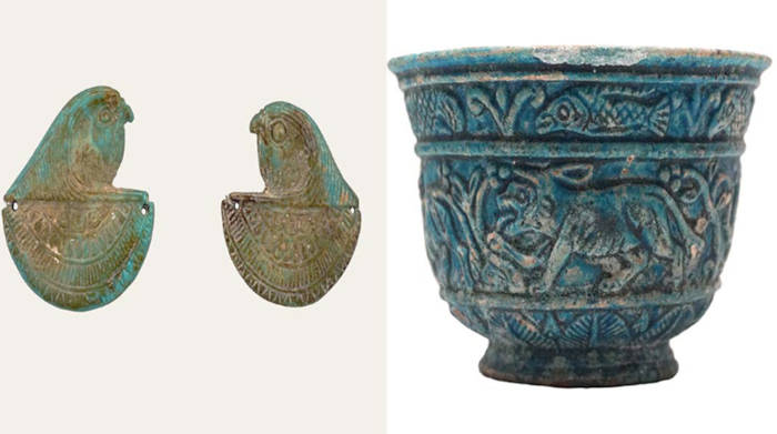 Decorated vessel and Falcon pendants
