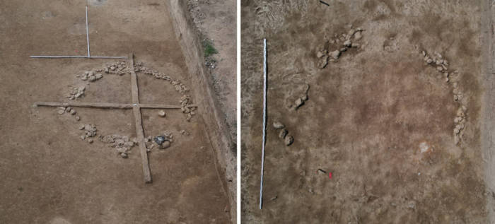 Circular arrangement of stones, likely remnants of a tent-shaped dwelling foundation. 