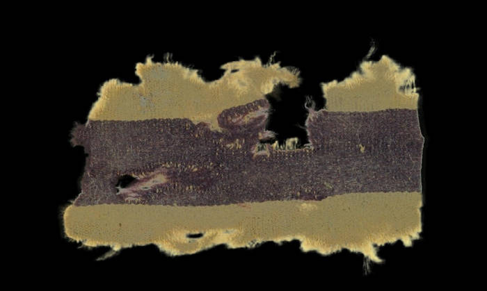 Fragment showing central band dyed purple-like shade using plant materials
