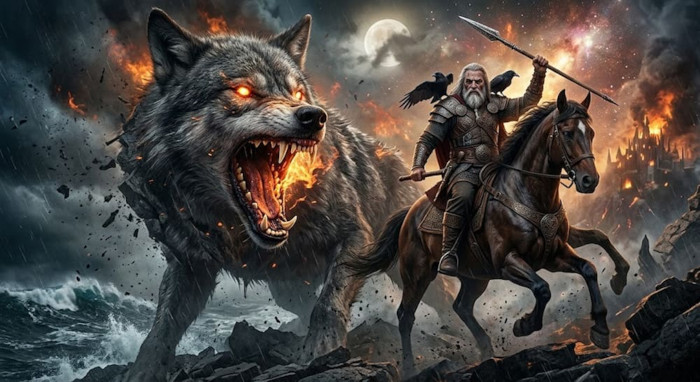 An epic depiction of the Norse god Odin, mounted on his eight-legged stallion Sleipnir, charging into battle against the monstrous, world-ending wolf Fenrir
