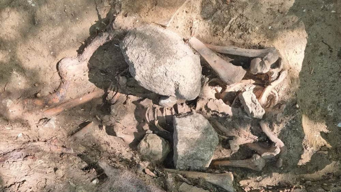 A Viking Age deviant burial featuring a large, heavy stone deliberately placed directly on the chest of the skeleton. 