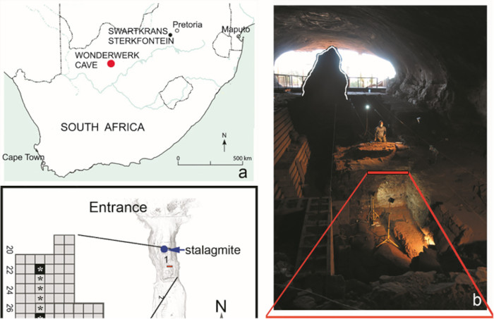 a) Location of Wonderwerk Cave (red dot) in South Africa. (b)&nbsp;Excavation 1 area showing the stalagmite landmark