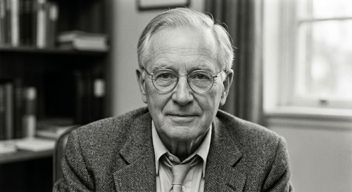 A vintage-style black and white illustration depicting James Arthur Flowerdew in his later years, wearing round glasses and a tweed jacket.