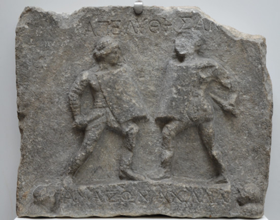 Marble relief of of two women fighters, 'Amazon' and 'Achilia'