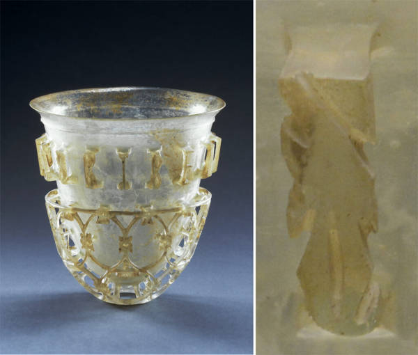 Glass openwork vessel excavated at Cologne and focus on signature.