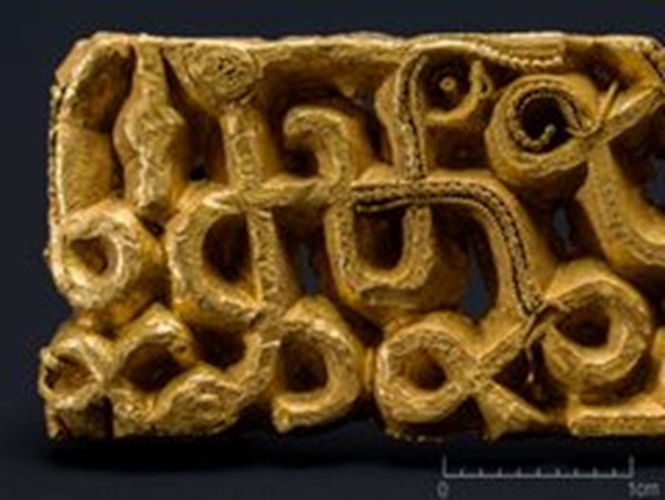 The richly decorated 1,500-year-old gold sword scabbard ornament discovered in southwestern Norway. Credit: Annette Græsli Øvrelid / Archaeological Museum of the University of Stavanger.