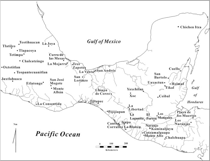 Map of Mesoamerica showing the location of La Blanca on Guatemala's Pacific coast and other Preclassic sites