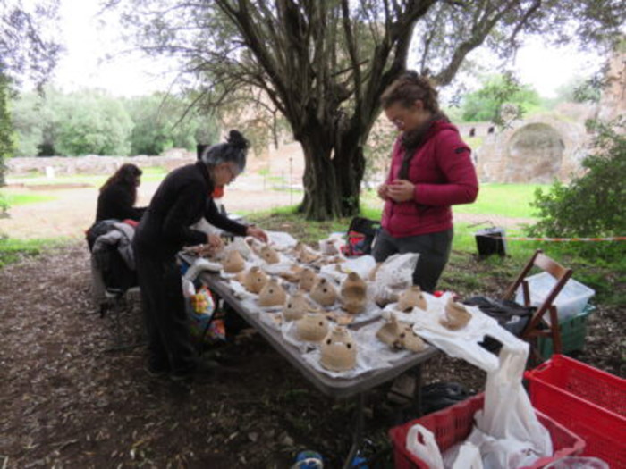 Researchers cataloging ceramic pots recovered from Hadrian's Villa