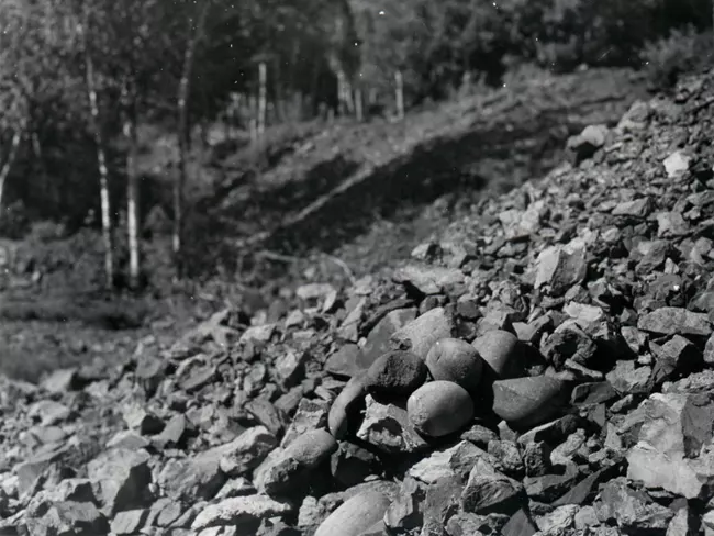 Hammerstones atop the poor rock pile near McCargoe Cove, photographed in July 1954. National Visual Inventory Cards 50-545. Isle Royale National Park. From Archaeological History of Isle Royale and Ancient Copper Mining.
