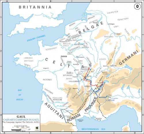 A map showing Caesar's campaign against the Helvetii