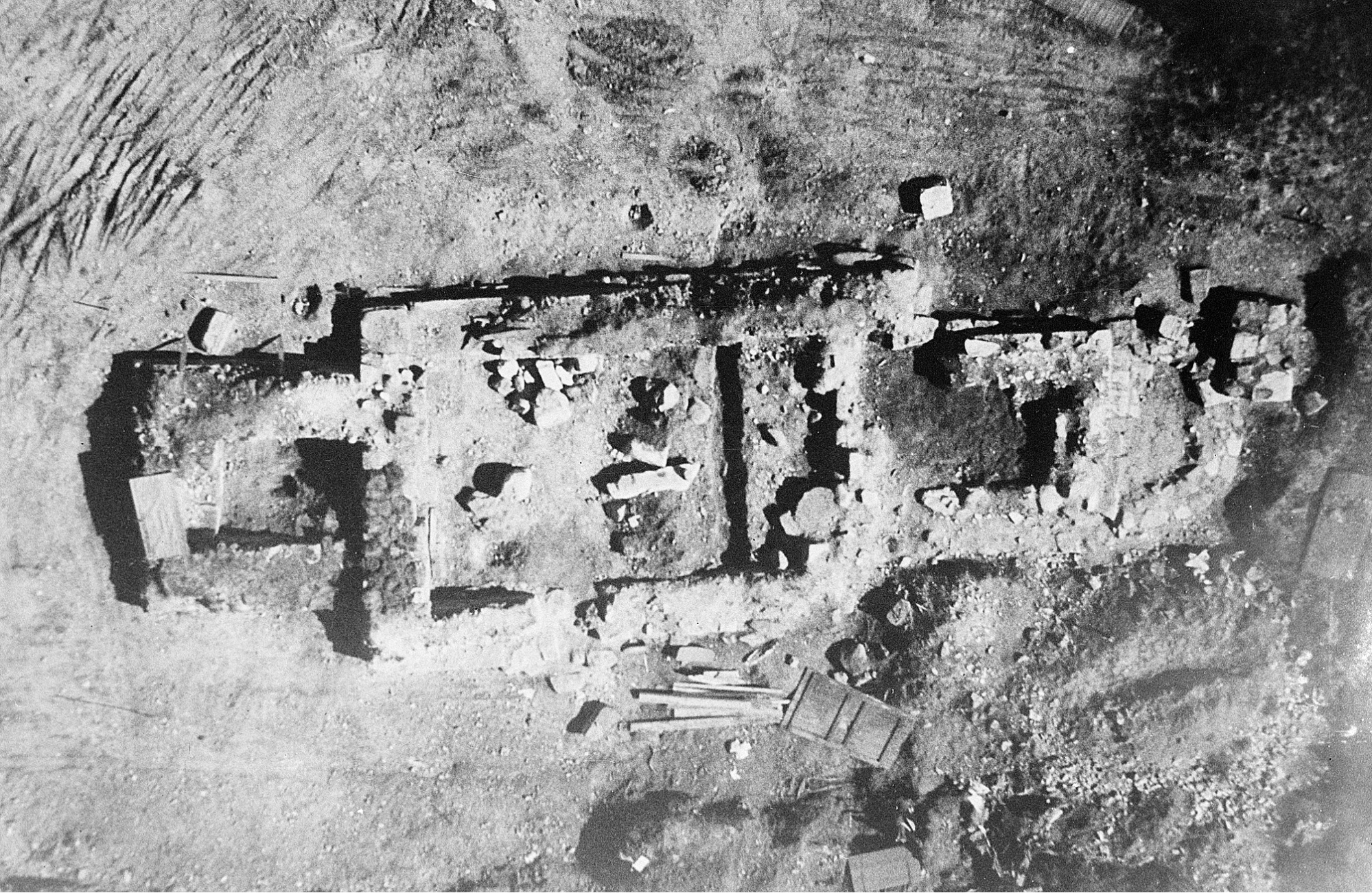 Historic aerial photograph of the medieval church ruins and cemetery at Västerhus, Frösö Parish, Jämtland, Sweden, before 1951. The cemetery later became one of Scandinavia's most important archaeological and ancient DNA research sites, providing new evidence about medieval burial practices and biological relationships.