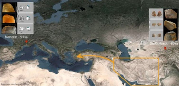 Map indicating concentration and demographic development of first Homo sapiens who left Africa, Obi-Rakhmat and Mandrin share the same micro-projectile points, 25,000 years and 6,000 km apart. 