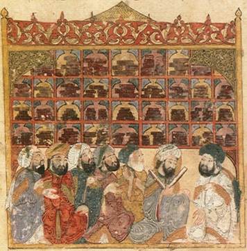 Illustration by Yahyá al-Wasiti from 1237 depicting scholars at an Abbasid library in Baghdad