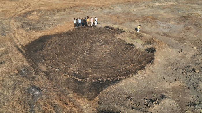 Research team at India's largest circular labyrinth discovered in the Boramani grasslands of Solapur district, Maharashtra