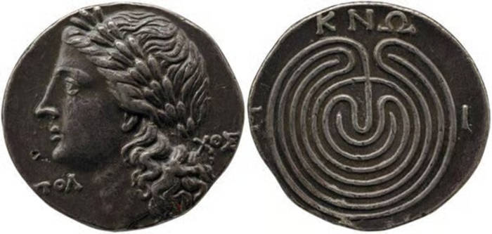 Ancient Knossos Tetradrachm coin showing circular labyrinth design.