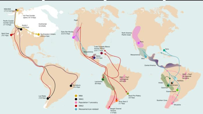 Maps of Three major dispersals shaped the genetic diversity of the indigenous peoples of South America. 