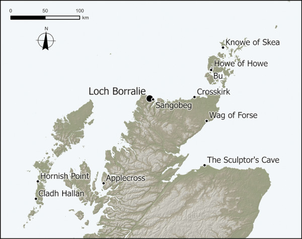 Map showing the location of the Loch Borralie cairn and other Iron Age sites mentioned in the study