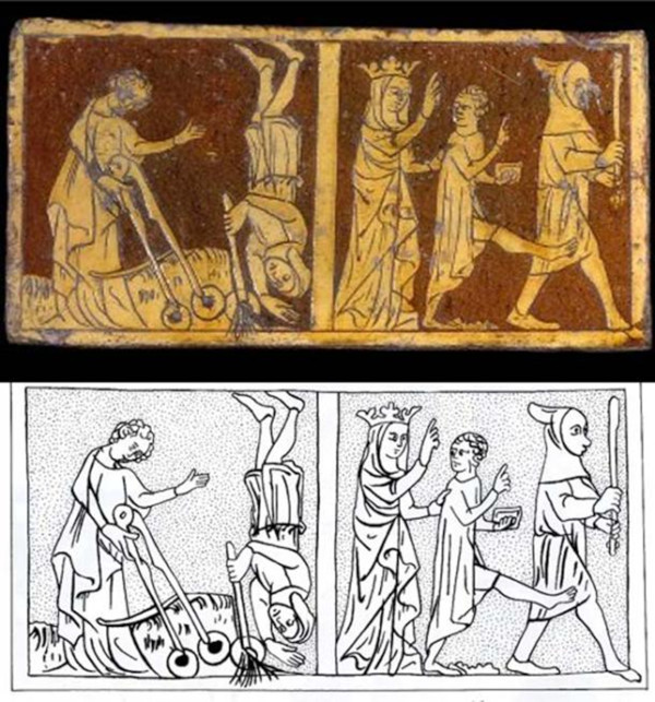 Medieval tile discovered in Tring, UK, and drawing of the same