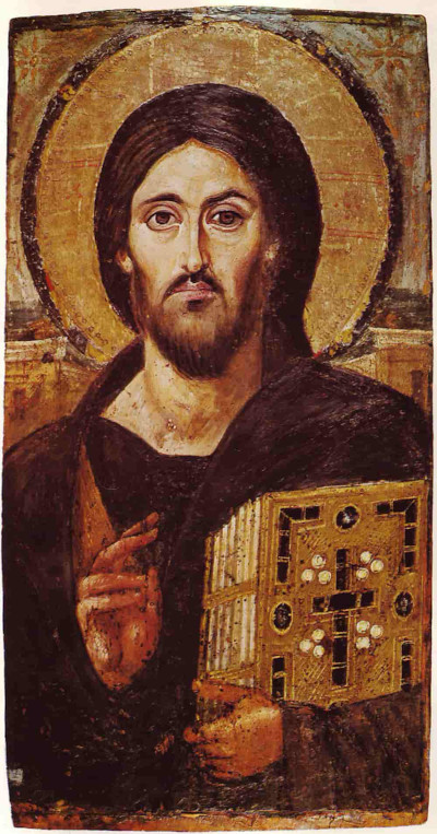 A 6th-century icon of Christ from Saint Catherine’s Monastery in Sinai shows the authoritative sacred image that later Christianity elevated