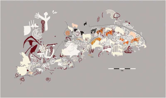 Retracing of Kakapel rock art, showing all four layers of art.