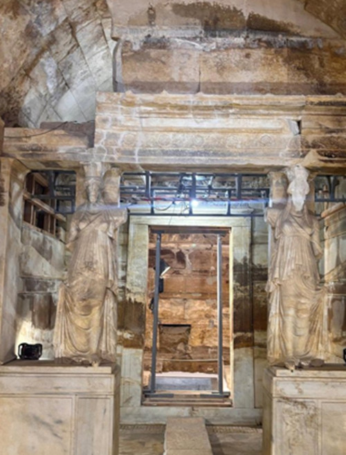 Marble work and statues of the burial monument inside the tomb
