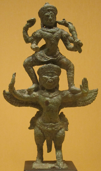 Khmer bronze sculpture depicting a Hindu deity and a divine mount